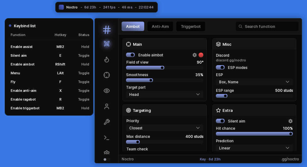 The Noctro window in use: watermark, a draggable keybind list, sidebar navigation, header tabs and search, and sections with toggles, sliders, dropdowns and a progress bar.